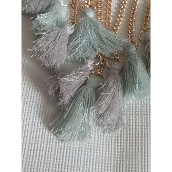 Light Blue & Gold Tone String Tassels Double Strand Bib Style Statement Necklace - Picture 8 of 9